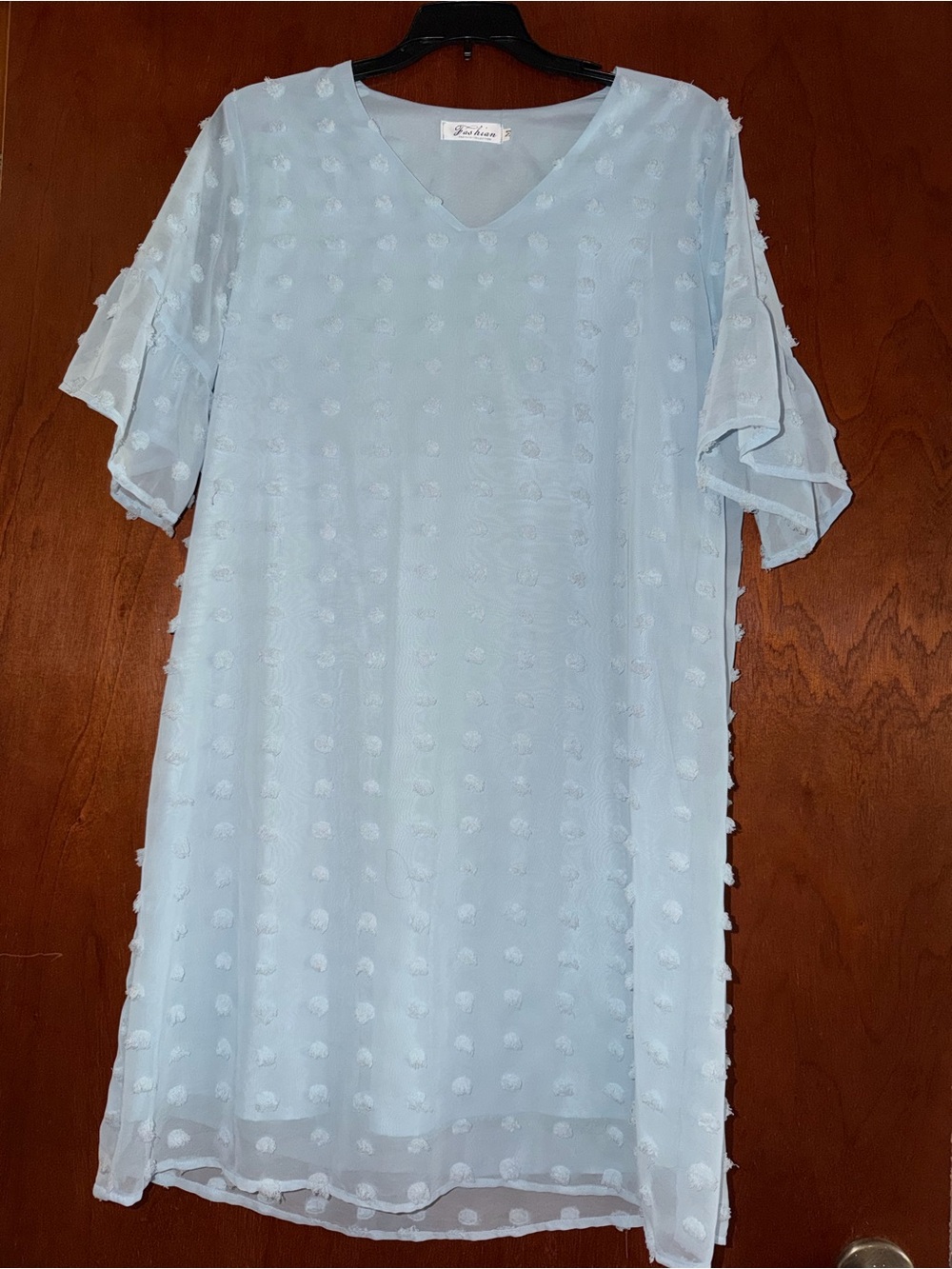 Fashian Blue Polka Dot Chiffon Shift Dress V-Neck Flutter Sleeve Size M